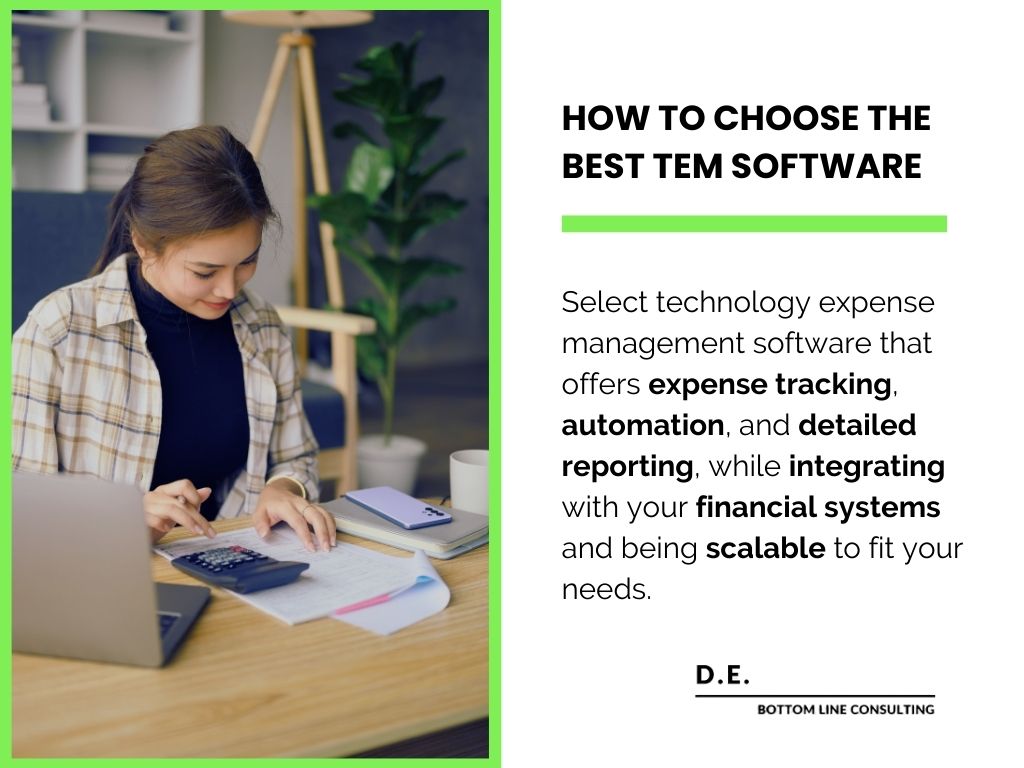 Advertisement on choosing the best TEM Software. Asian woman sits at a desk with a laptop, calculator, and financial documents.
